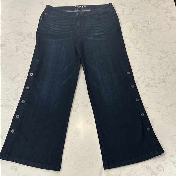 Peace Love World Regular Wide Leg Jeans with Side Buttons Womens Dark Blue Jeans - Picture 3 of 16